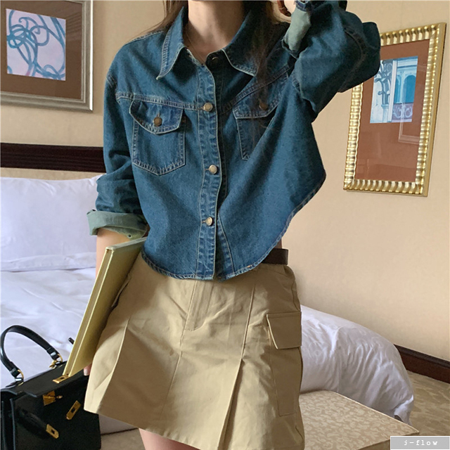 더비 워싱 데님 빈티지 카라 자켓 셔츠 (진청) 가을 봄 크롭 루즈핏 포켓 제이플로우 - 상품 이미지