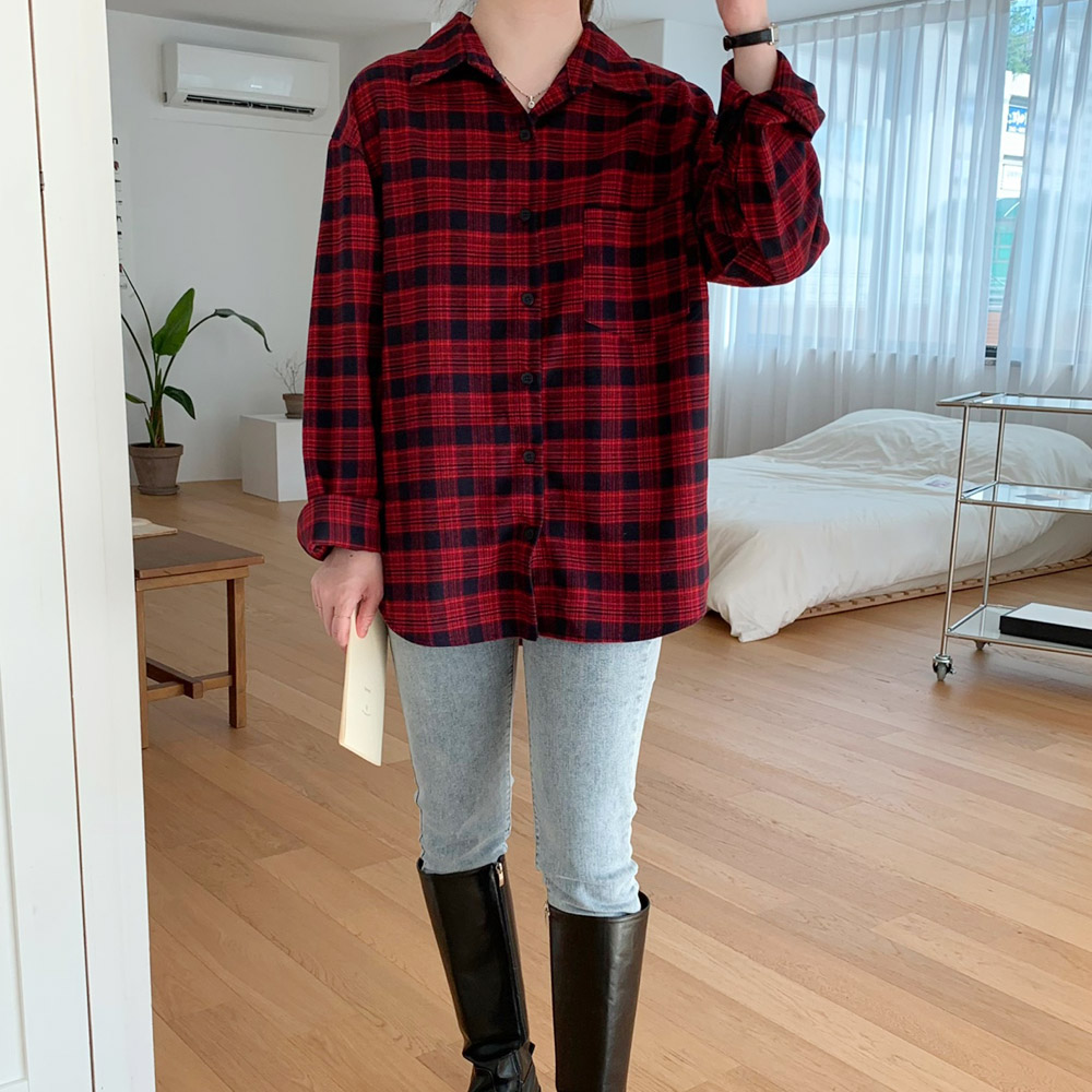 포근한 겨울 여성 체크 셔츠 오버핏 롱 여자셔츠 블라우스 기모 남방 가을 블랙 그린 레드 - 상세 이미지 4