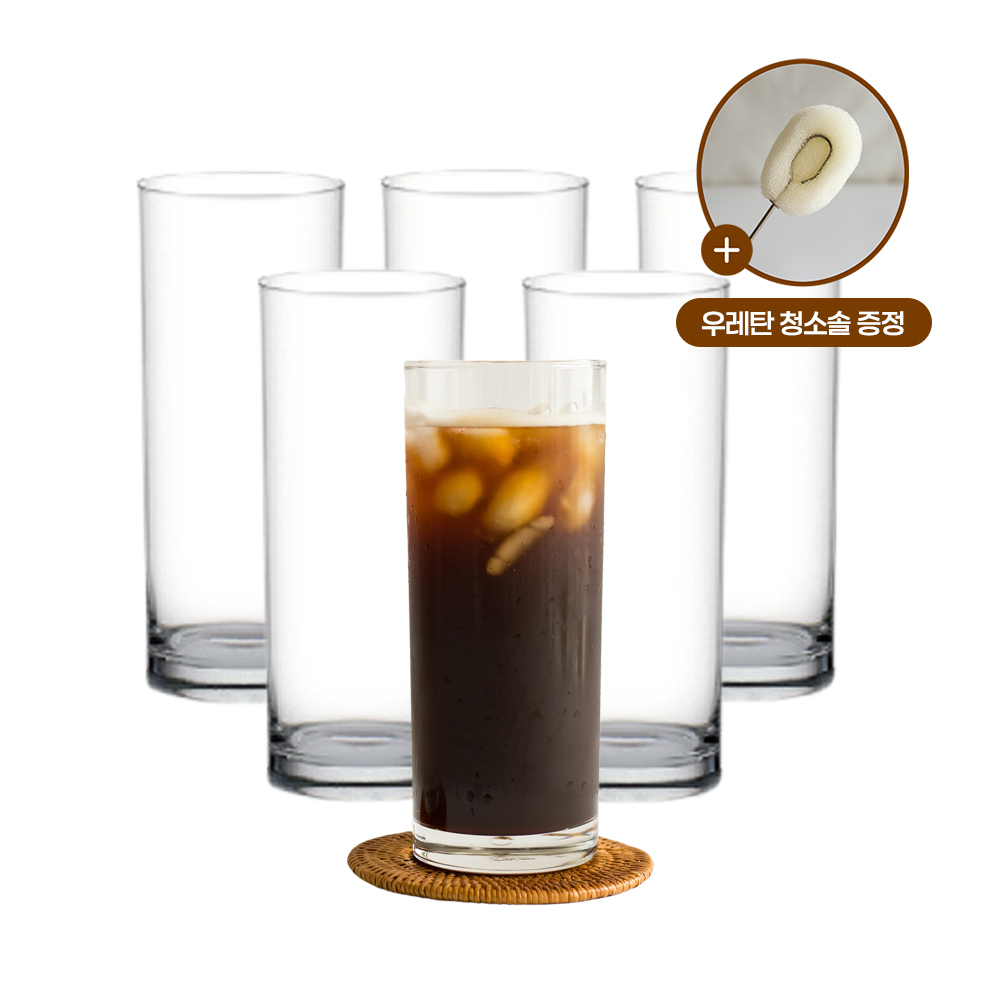 [6P+청소솔] 일자 홈카페유리컵 내열유리잔 아이스커피잔 슬림대 480ml - 상품 이미지