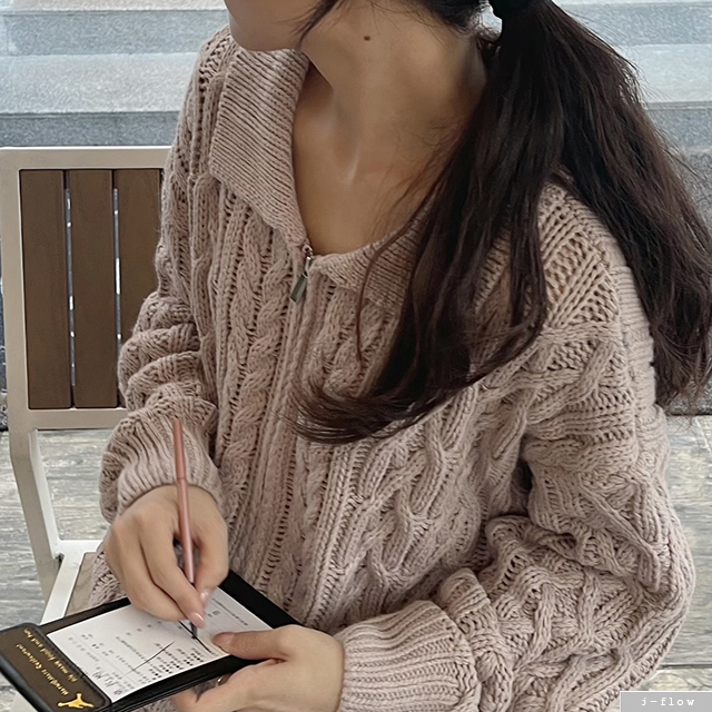 다올 꽈배기 루즈핏 집업 카라 울니트 4col 겨울 봄 케이블 오버핏 벌룬 데일리 제이플로우 이미지 2