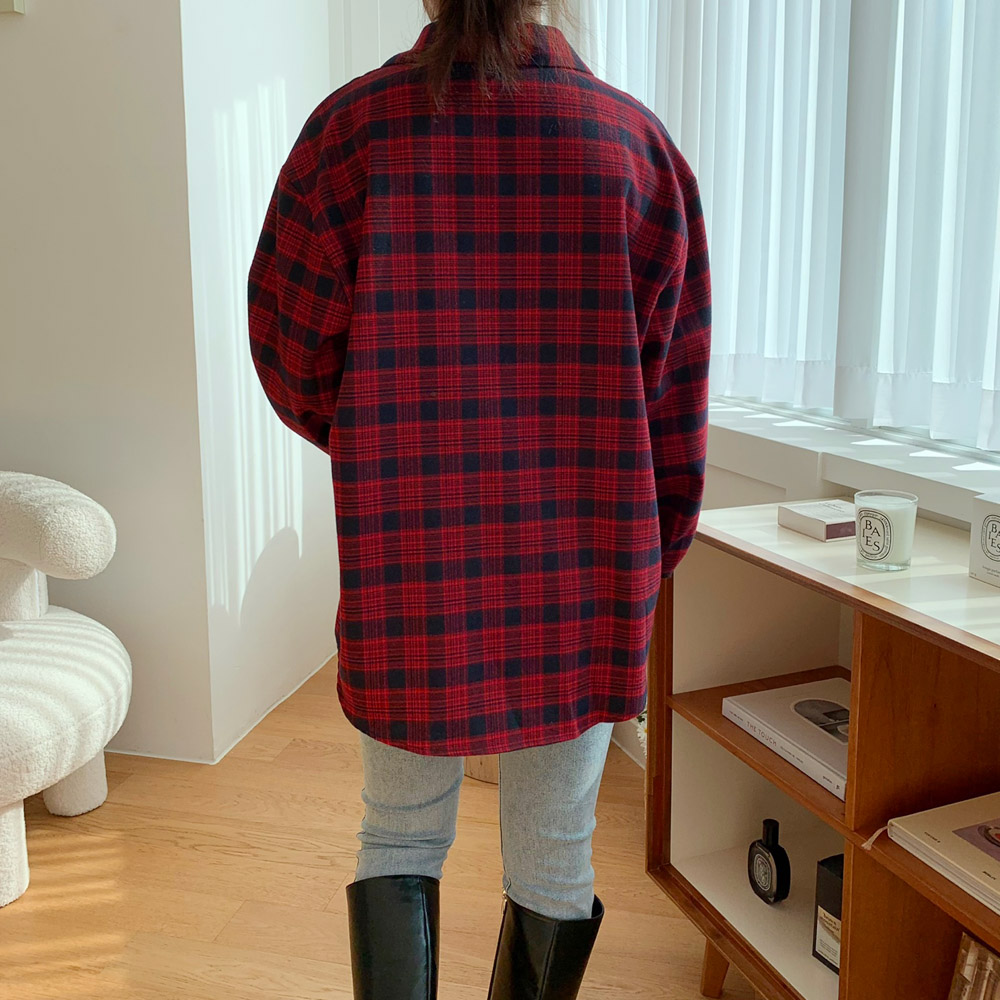 포근한 겨울 여성 체크 셔츠 오버핏 롱 여자셔츠 블라우스 기모 남방 가을 블랙 그린 레드 - 상세 이미지 3