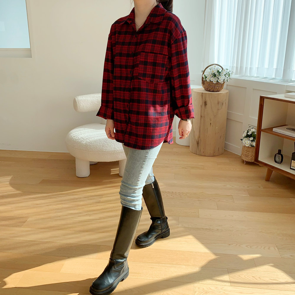 포근한 겨울 여성 체크 셔츠 오버핏 롱 여자셔츠 블라우스 기모 남방 가을 블랙 그린 레드 - 상세 이미지 2