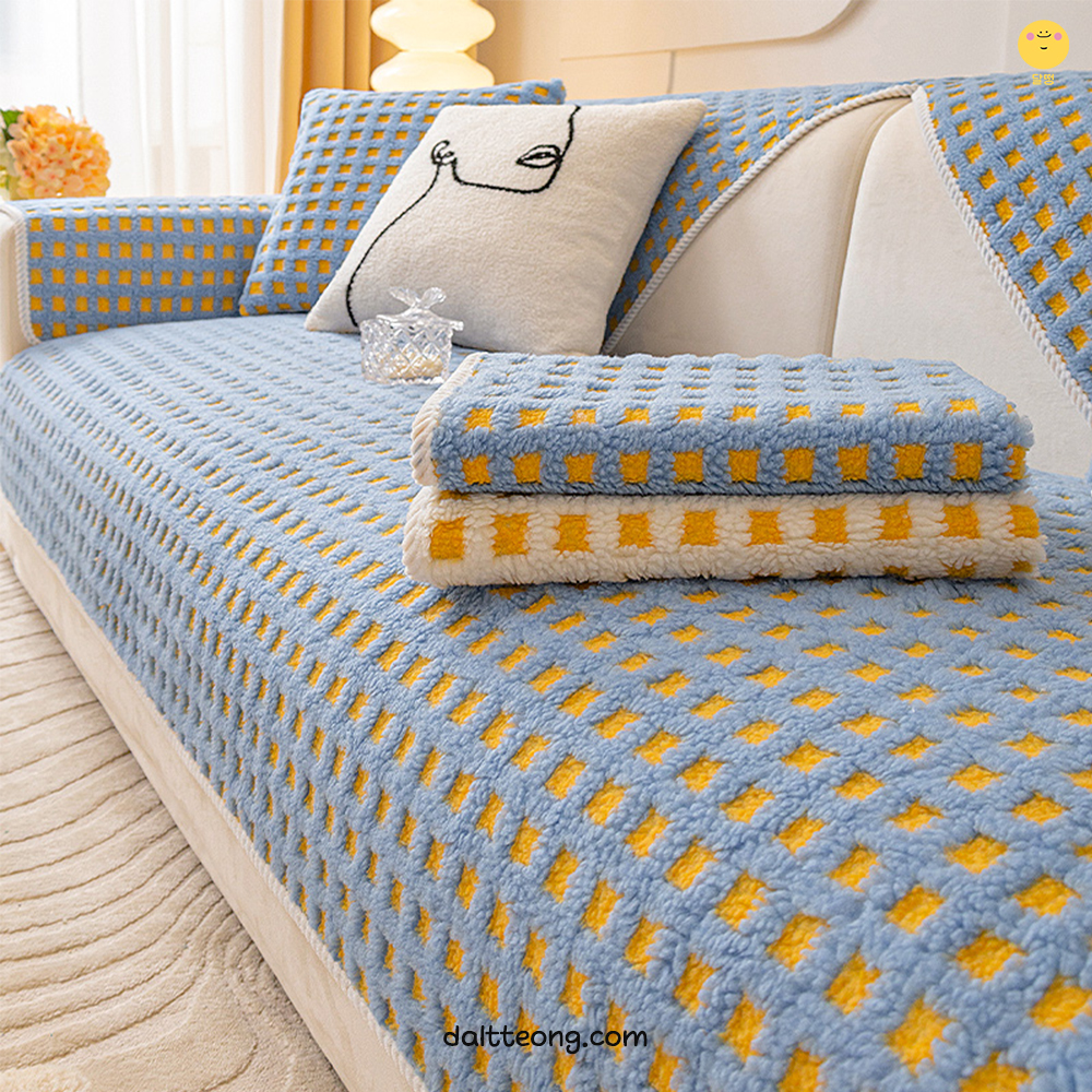 달떵 극세사 양털 퍼 쇼파 패드 그레이 체크 커버 러그 매트 덮개 3인 4인 70x180