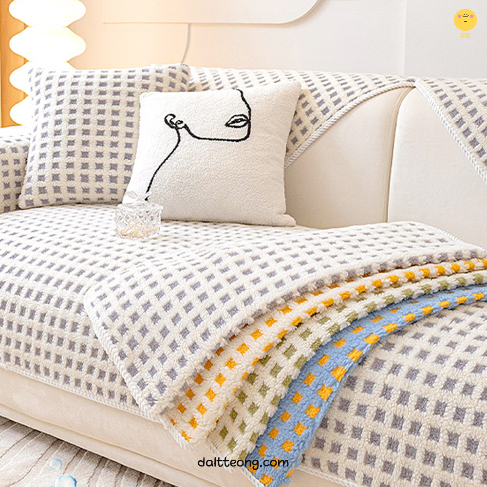 달떵 극세사 양털 퍼 쇼파 패드 그레이 체크 커버 러그 매트 덮개 3인 4인 70x180