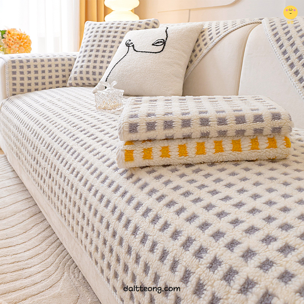 달떵 극세사 양털 퍼 쇼파 패드 그레이 체크 커버 러그 매트 덮개 3인 4인 70x180