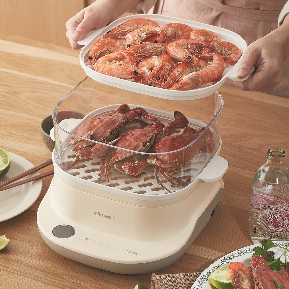위즈웰 전기찜기 6L 예약 대용량 야채 스팀 계란 고구마 삶는 찌는 기계 가정용 다담