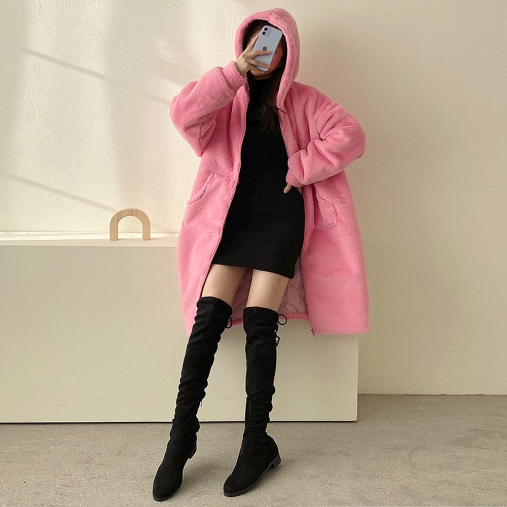 밍크 퍼 누빔 퀼팅 안감 빅사이즈 후드 집업 롱 패딩 여성 겨울 점퍼 아우터 이미지 4