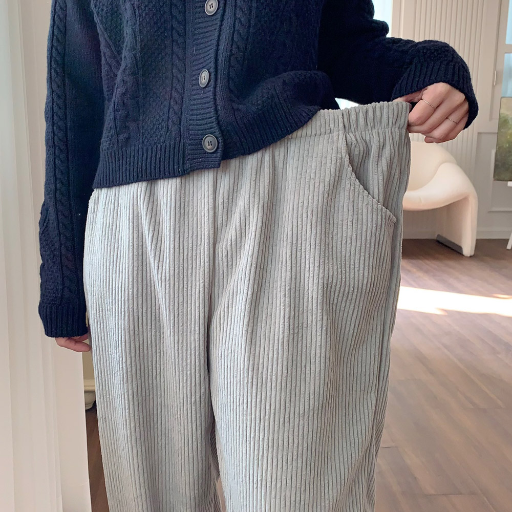 여성 코듀로이 팬츠 여자 겨울 바지 가을 밴딩 와이드 팬츠 골덴 통바지 베이지 검정 - 상세 이미지 5