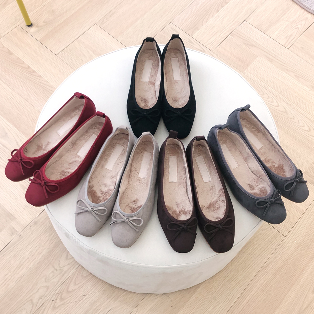스웨이드 발편한 여성플랫 겨울 털 리본플랫슈즈