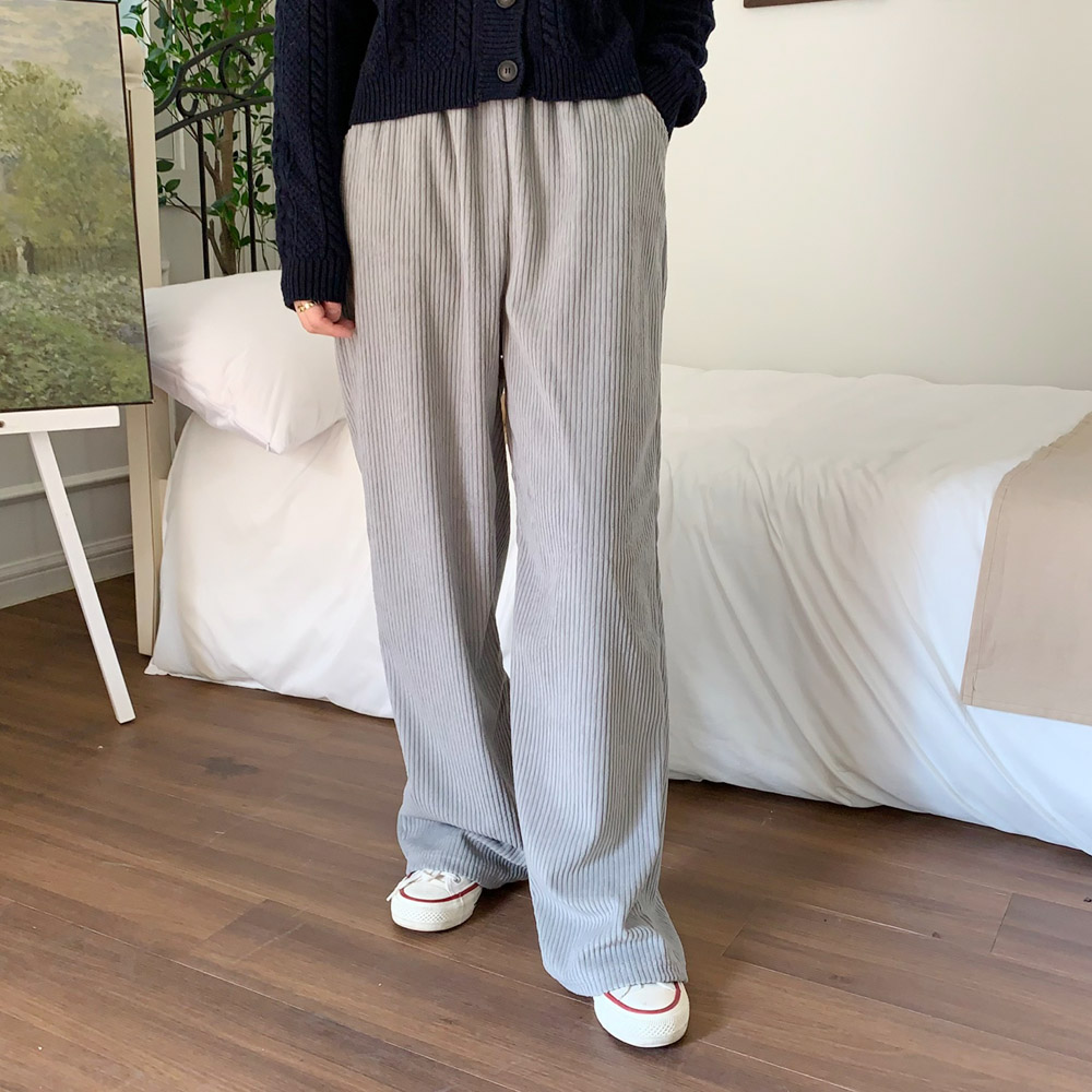 여성 코듀로이 팬츠 여자 겨울 바지 가을 밴딩 와이드 팬츠 골덴 통바지 베이지 검정 - 상세 이미지 4
