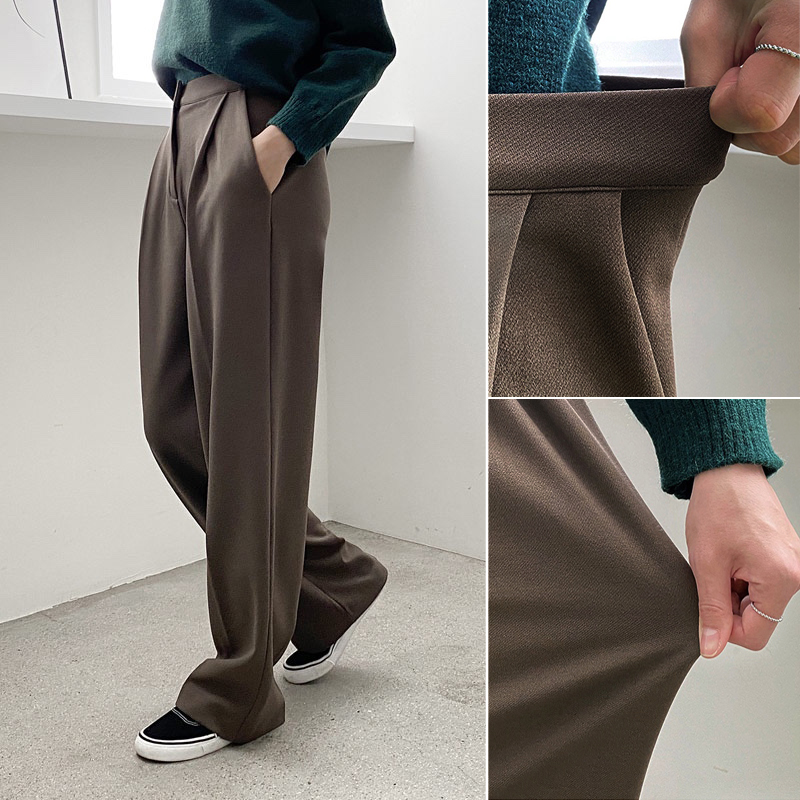 하이웨스트 핀턱 슬랙스 밴딩 와이드팬츠 여자 기모바지 겨울 여자 슬랙스 고무줄 통바지