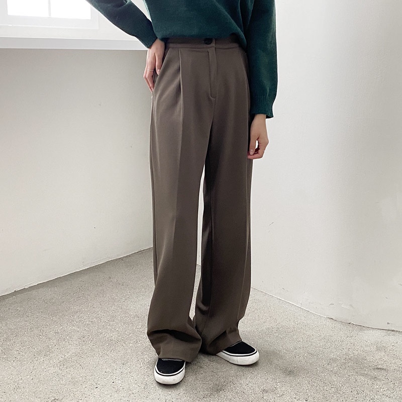 하이웨스트 핀턱 슬랙스 밴딩 와이드팬츠 여자 기모바지 겨울 여자 슬랙스 고무줄 통바지 - 상세 이미지 3