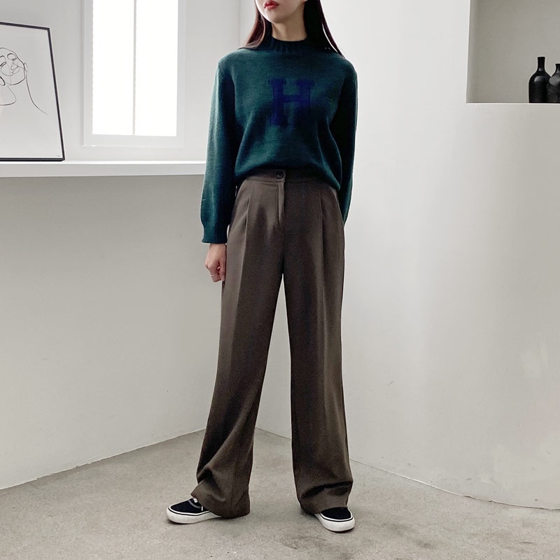 하이웨스트 핀턱 슬랙스 밴딩 와이드팬츠 여자 기모바지 겨울 여자 슬랙스 고무줄 통바지 - 상세 이미지 5