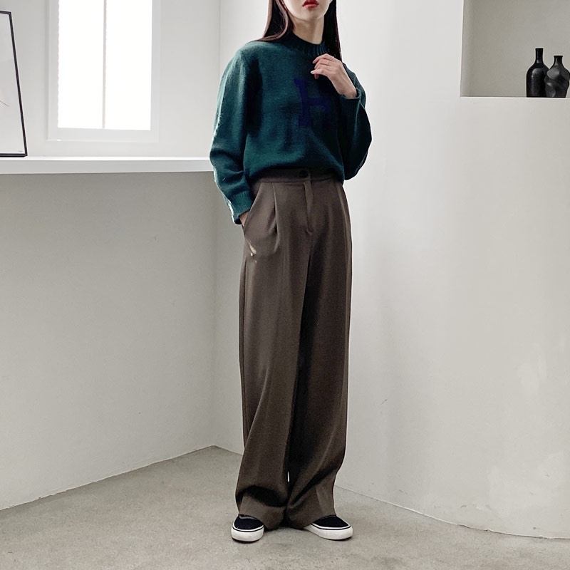 하이웨스트 핀턱 슬랙스 밴딩 와이드팬츠 여자 기모바지 겨울 여자 슬랙스 고무줄 통바지 - 상세 이미지 2