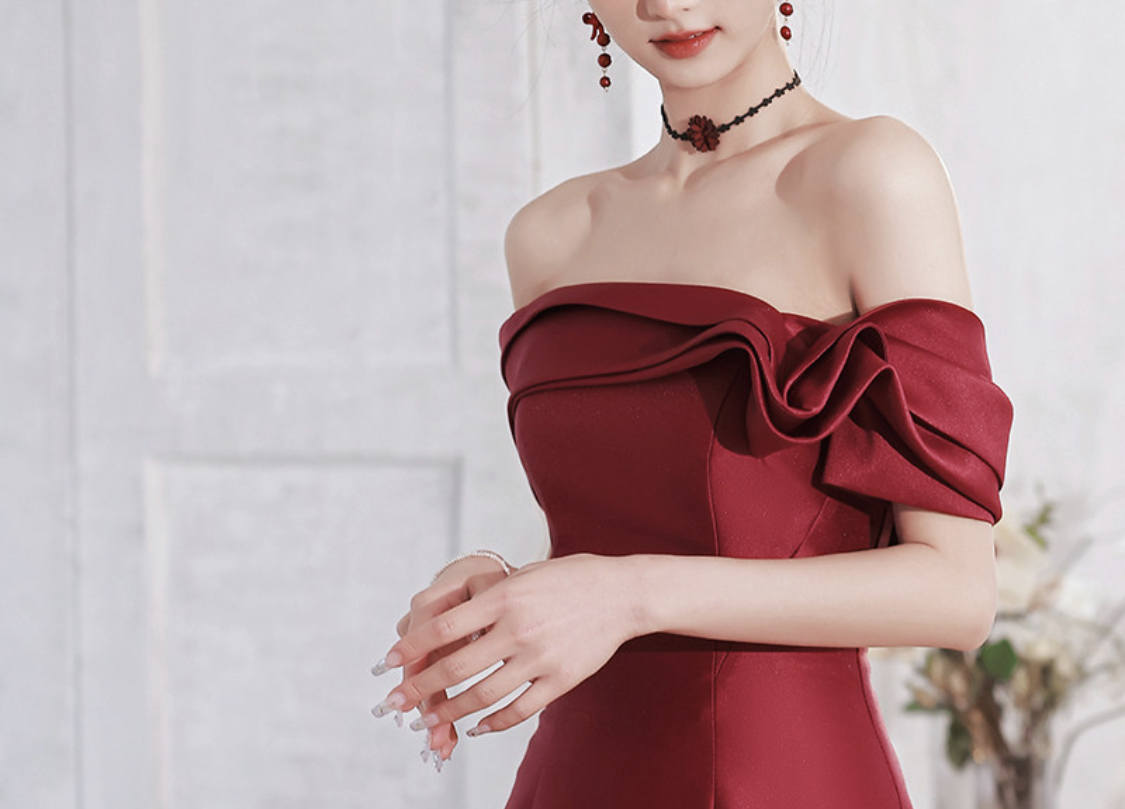 새틴 오프숄더 스냅촬영드레스 연회 2부 셀프웨딩레드드레스 이미지 2