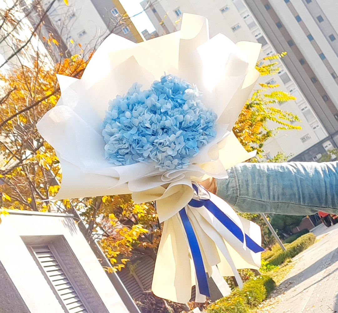 드라이플라워 프리저브드플라워 졸업식 꽃다발 미니 꽃선물 시들지않는꽃 파랑장미수국