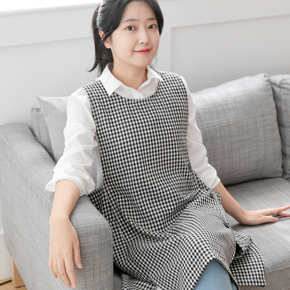 데코에버 파스텔체크 어린이집 선생님 원피스형 앞치마 옆주머니형 요양보호사 빅사이즈