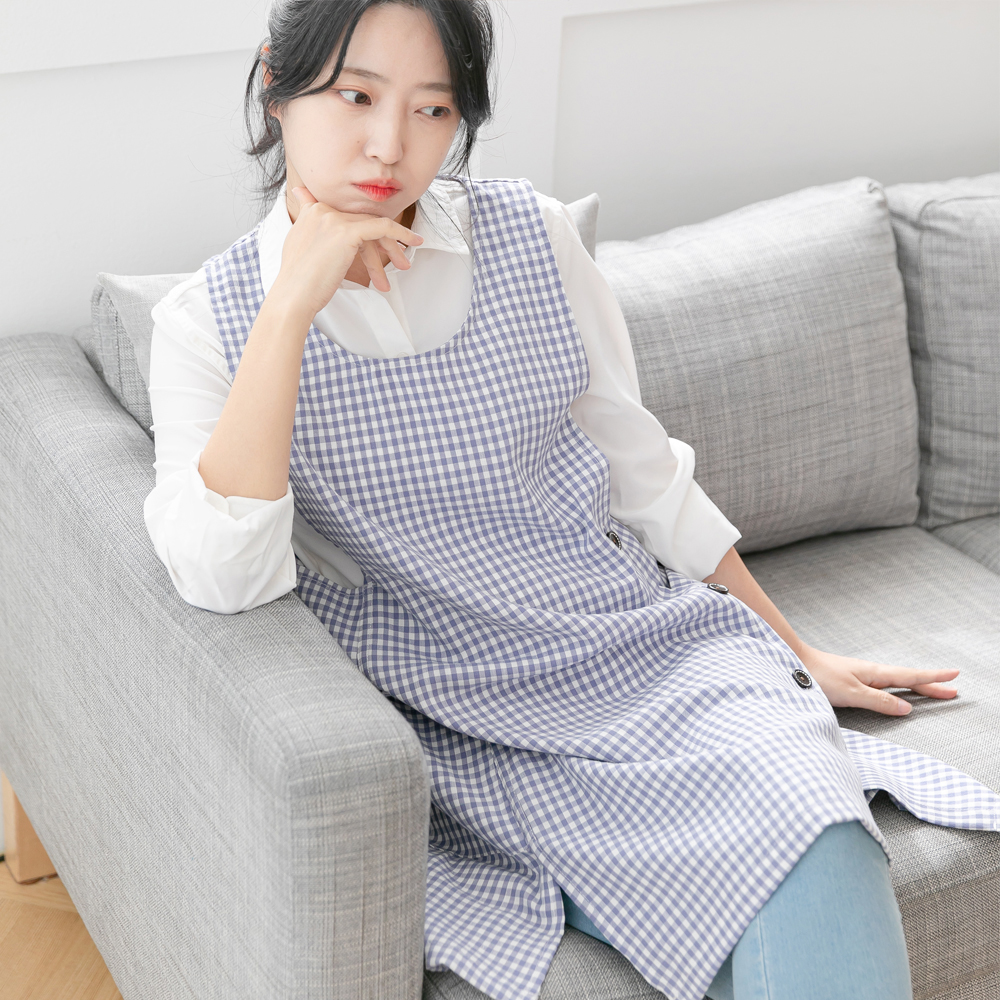 데코에버 파스텔체크 어린이집 선생님 원피스형 앞치마 옆주머니형 요양보호사 빅사이즈