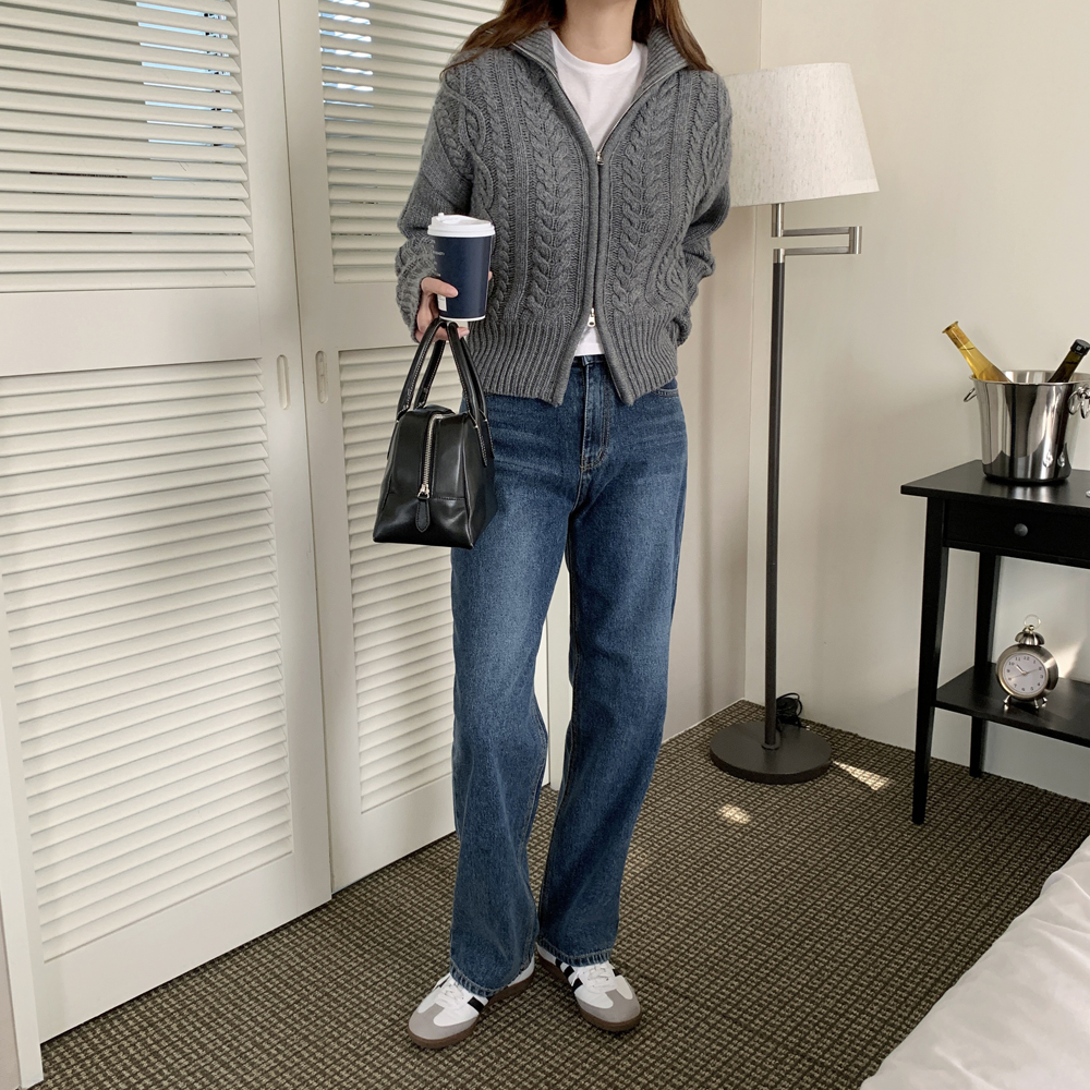 루즈핏 하이넥 케이블 울 니트 집업 가디건 겨울 여자 가디건 숏 크롭 꽈배기가디건 이미지 2