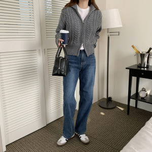 루즈핏 하이넥 케이블 울 니트 집업 가디건 겨울 여자 가디건 숏 크롭 꽈... 착용 후기 | 사이즈/핏 총정리 - 상품 이미지 2