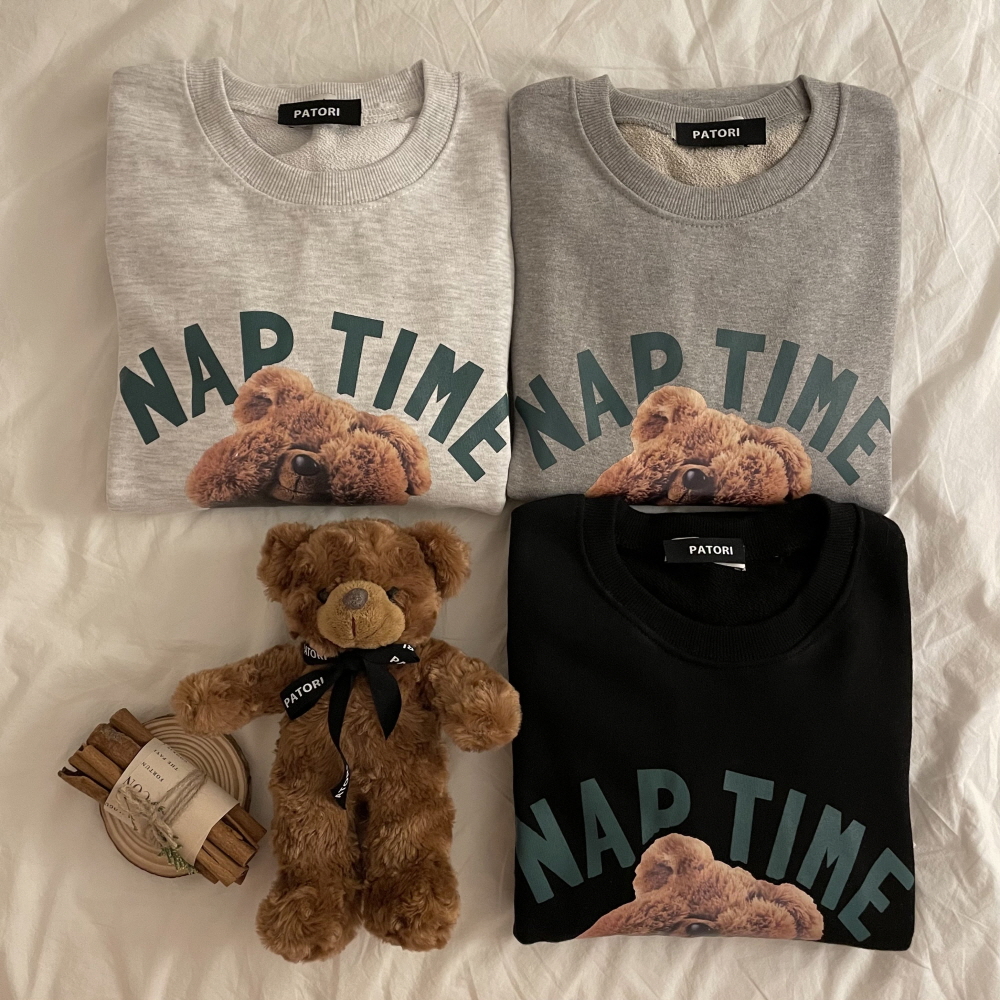 낮잠 곰돌이 맨투맨 커플 쭈리면 오버핏 긴팔 티셔츠