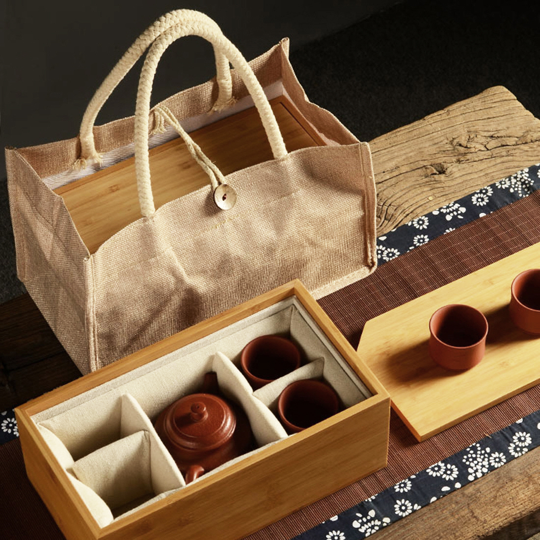 더큰솔 대나무 휴대용 차다기 케이스 다포 주머니 자사호 숙우 찻잔 여행 다도 수납 가방