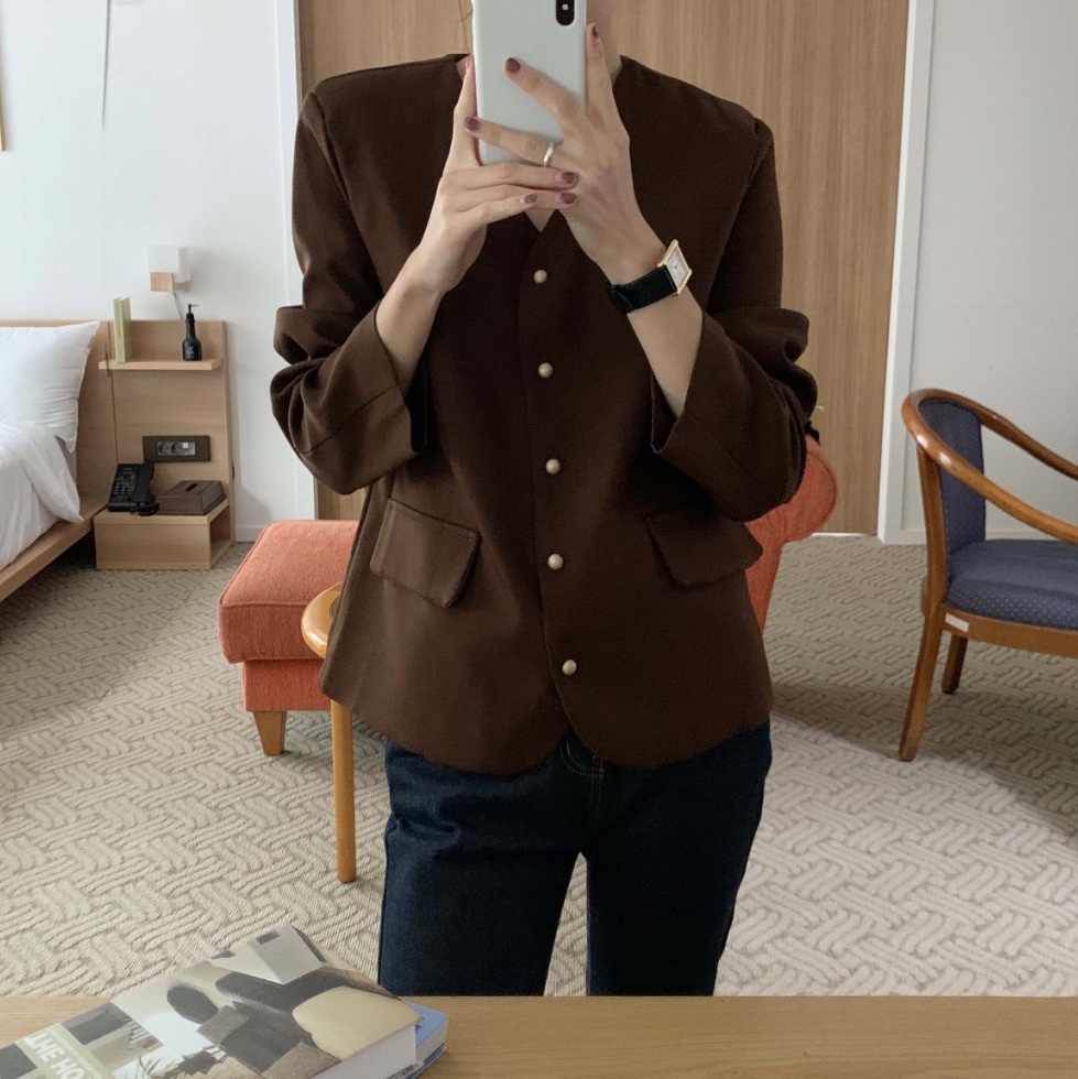 메르시 골드버튼 노카라 브이넥 골드 버튼 재킷 루즈핏 자켓(브라운,블랙)