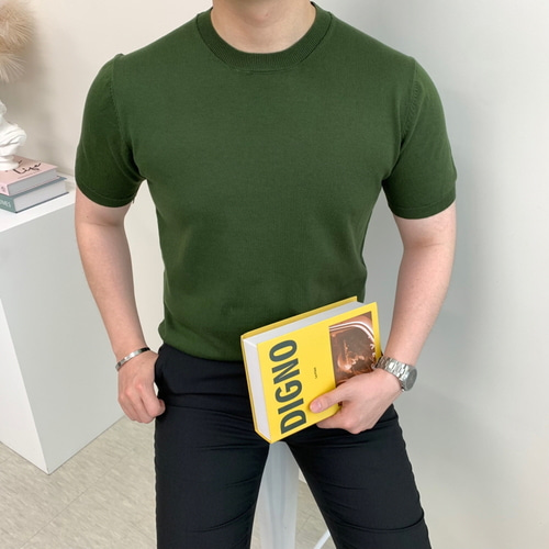 남자 머슬핏 반팔 니트 라운드 무지 슬림핏 시원한 여름 스웨터 티셔츠 - 상품 이미지