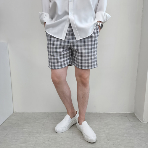 남자 여름 린넨 면 반바지 밴딩 글렌체크 슬랙스 하프팬츠 제품 이미지
