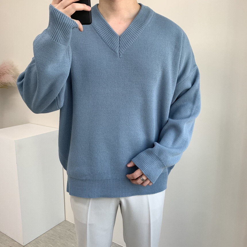 남녀공용 헤비 오버핏 브이넥 이중지 니트 빅사이즈까지 6컬러 이미지 4