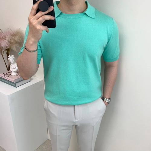 남자 머슬핏 반팔 니트 라운드 카라넥 슬림핏 시원한 여름 스웨터 티셔츠 - 상세 이미지 4