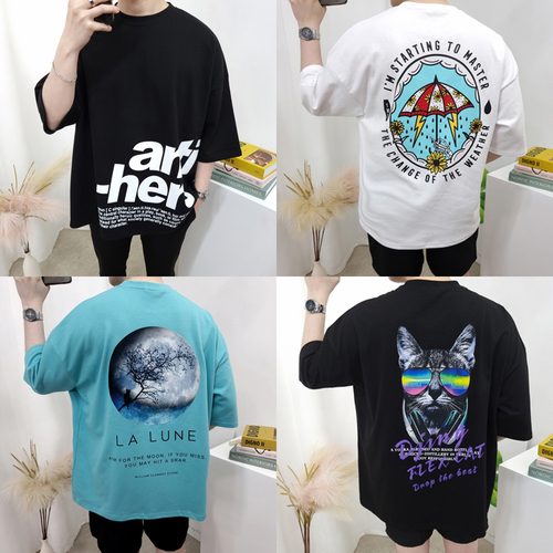 남자 오버핏 반팔 빅 사이즈 프린팅 면 티셔츠 커플 제품 이미지