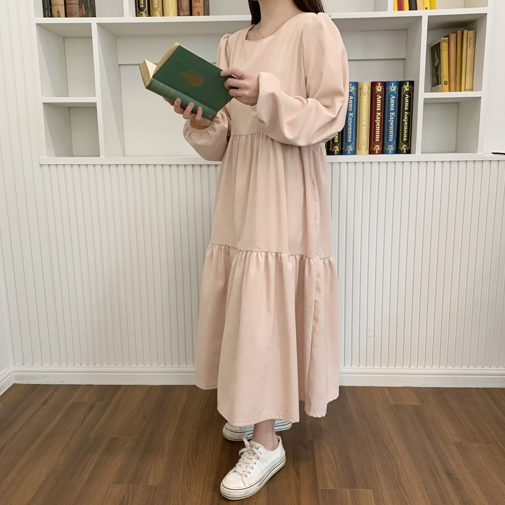 코듀로이 원피스 퍼프 빅사이즈 롱원피스 캉캉 골덴 가을 겨울 블랙 베이지 핑크 이미지 4