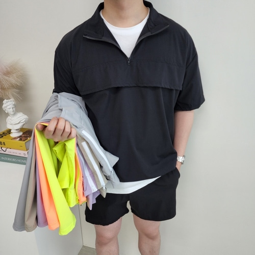 남자 여자 아노락 세트 커플 트레이닝복 여름 쿨원단 반팔 바람막이 반바지 커플 셋업 - 상품 이미지