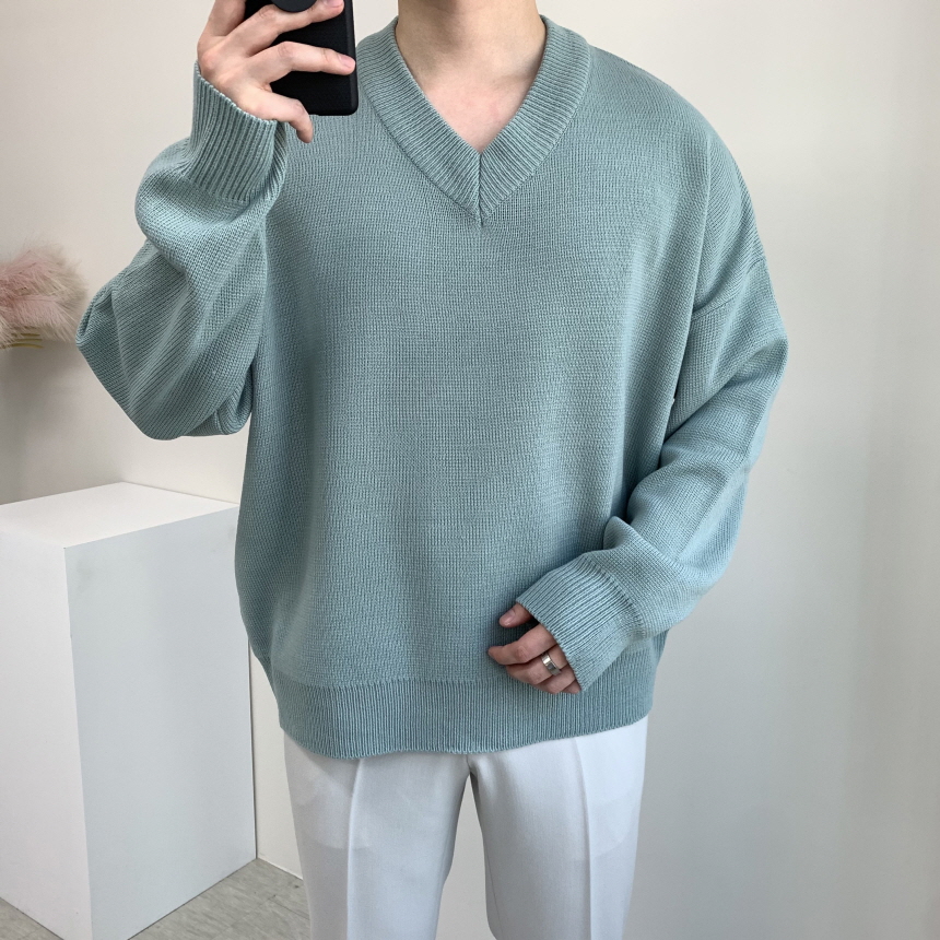 남녀공용 헤비 오버핏 브이넥 이중지 니트 빅사이즈까지 6컬러 이미지 3