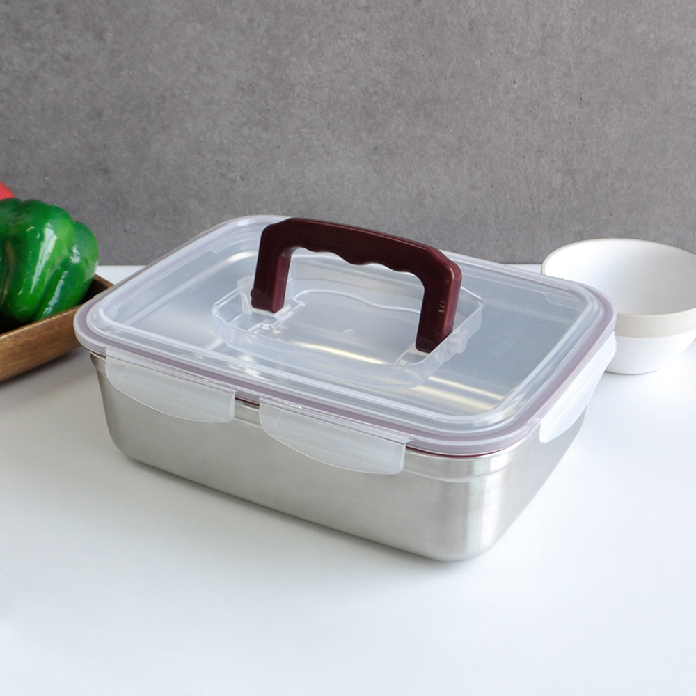 키친유 핸디 스텐 김치통 4L 직사각 김장 밀폐용기 스텐 장아찌통 대용량 수박 보관용기 - 상품 이미지