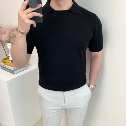 남자 머슬핏 반팔 니트 라운드 카라넥 슬림핏 시원한 여름 스웨터 티셔츠 - 상세 이미지 2