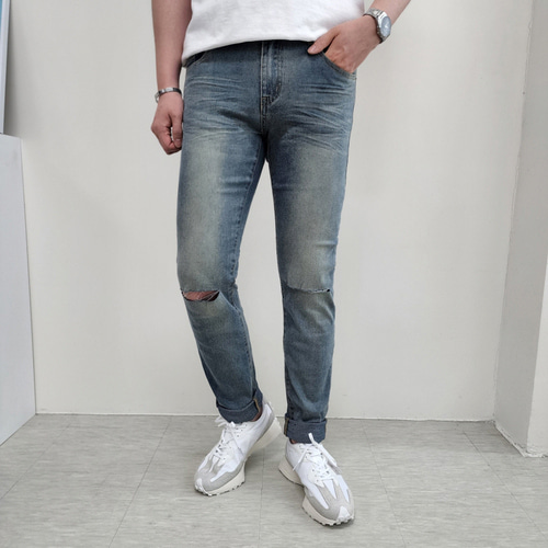 남자 청바지 30부터38 빅사이즈 샌드워싱 무릎디스 스판 슬림일자 데님팬츠 - 상세 이미지 3
