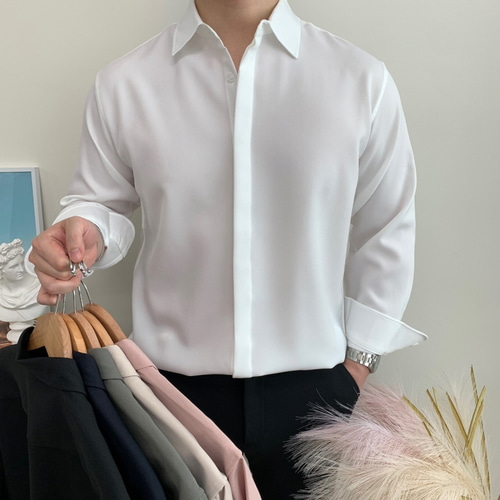 6컬러 남자 히든버튼 셔츠 구김방지 링클프리 무지 오버핏 봄 가을 남방 - 메인 이미지