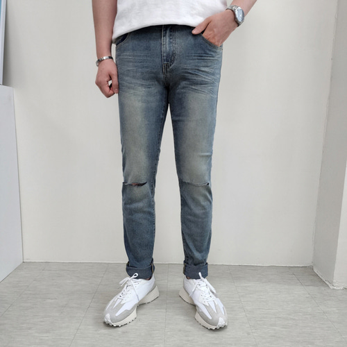 남자 청바지 30부터38 빅사이즈 샌드워싱 무릎디스 스판 슬림일자 데님팬츠 - 상세 이미지 2