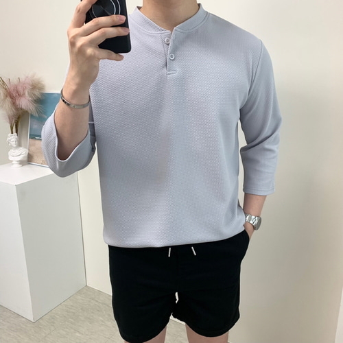 남자 7부 반팔 헨리넥 무지 빅 사이즈 티셔츠 - 메인 이미지