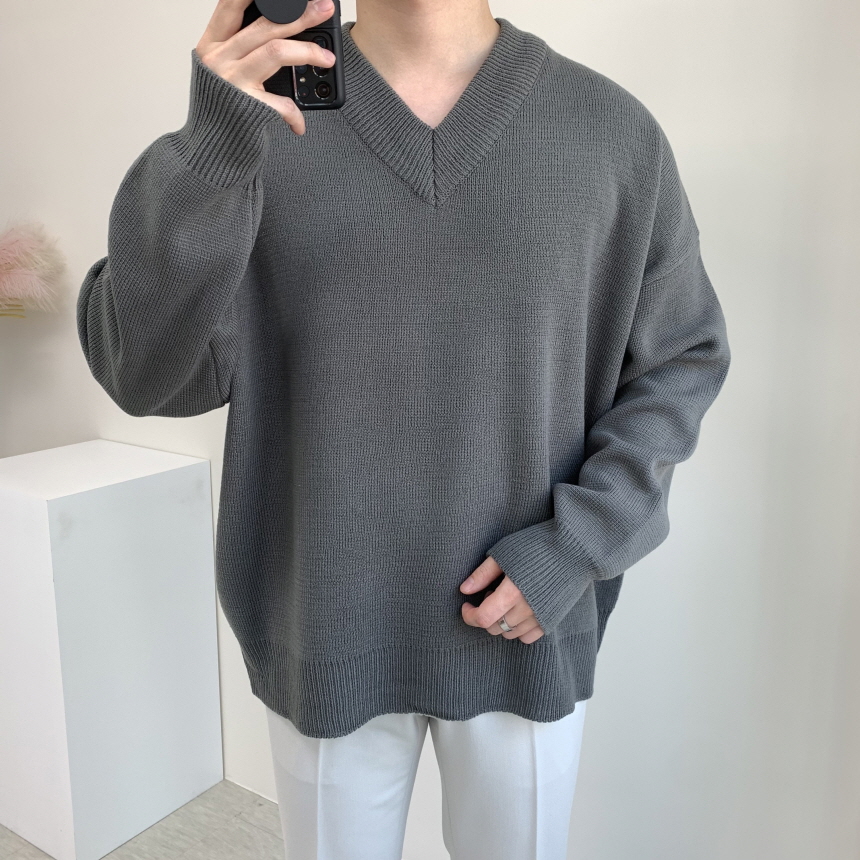 남녀공용 헤비 오버핏 브이넥 이중지 니트 빅사이즈까지 6컬러 이미지 2