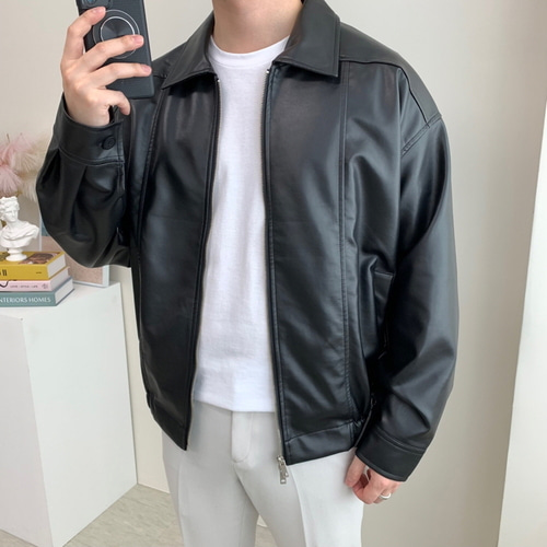 남자 오버핏 미니멀 투웨이 지퍼 레더 자켓 봄 가을 아우터 이미지 4
