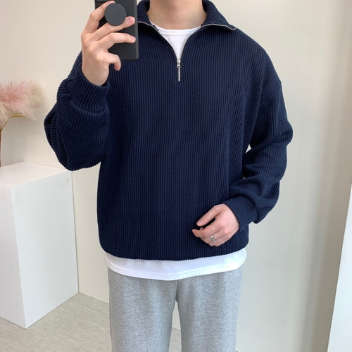 남자 하프집업 골지 오버핏 루즈핏 라이프 믹스 반집업 니트 맨투맨 제품 이미지