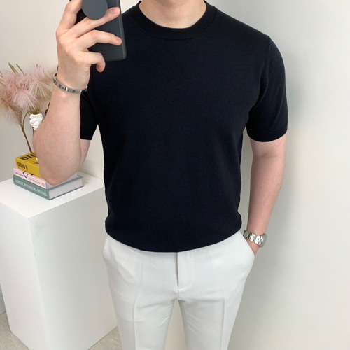 남자 머슬핏 반팔 니트 라운드 무지 슬림핏 시원한 여름 스웨터 티셔츠 - 상세 이미지 2