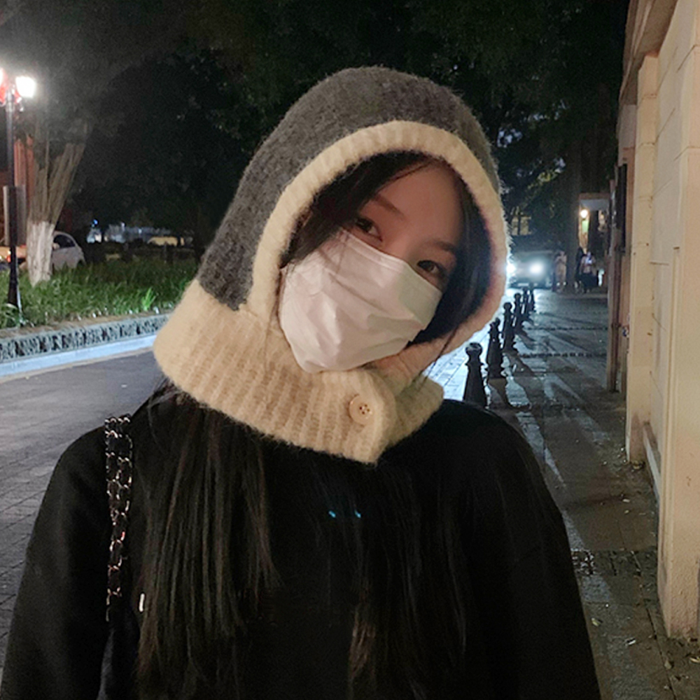 블루보넷 울 니트 바라클라바 여성 방한 발라클라바 후드 넥워머 배색 목토시 - 상세 이미지 2