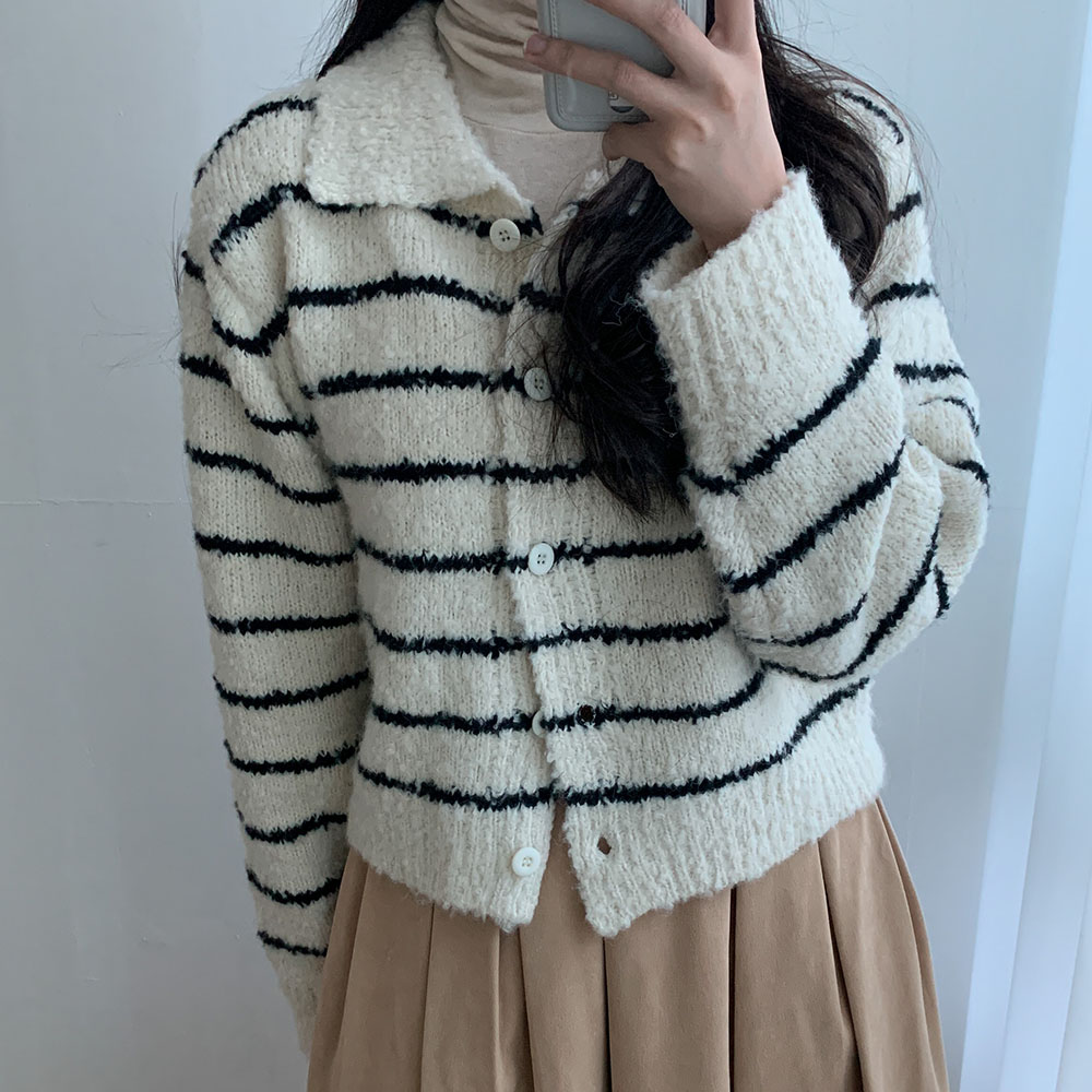부클가디건 스트라이프 루즈핏 카라가디건 - 상세 이미지 5