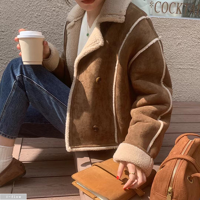 엘로 무스탕 스웨이드 양털 카라 자켓 2col 겨울 도톰 루즈핏 오버핏 모피 제이플로우 이미지 3