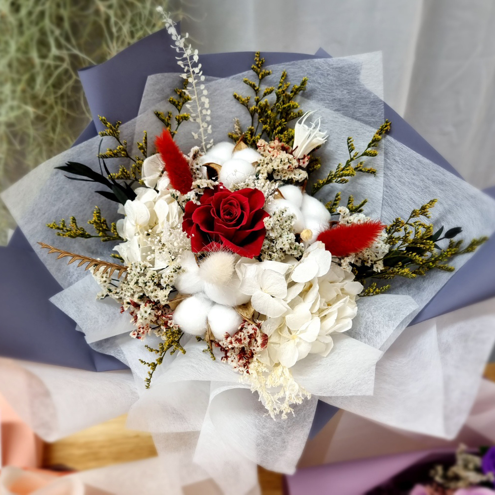 드라이플라워 프리저브드플라워 졸업식 꽃다발 미니 꽃선물 시들지않는꽃 파랑장미수국