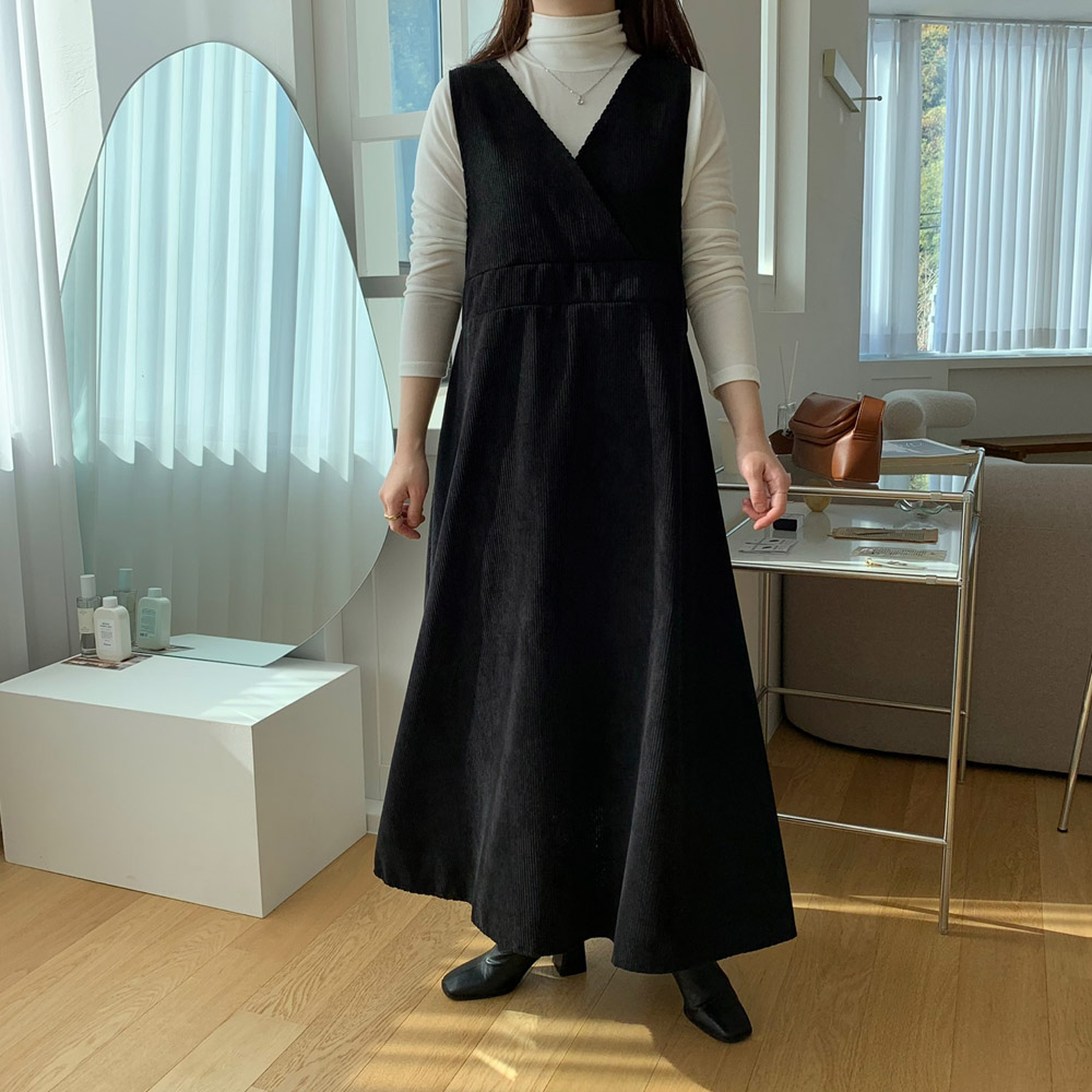 코듀로이 원피스 골덴 조끼 민소매 롱원피스 가을 겨울 이너 레이어드 빅사이즈 블랙 이미지 4